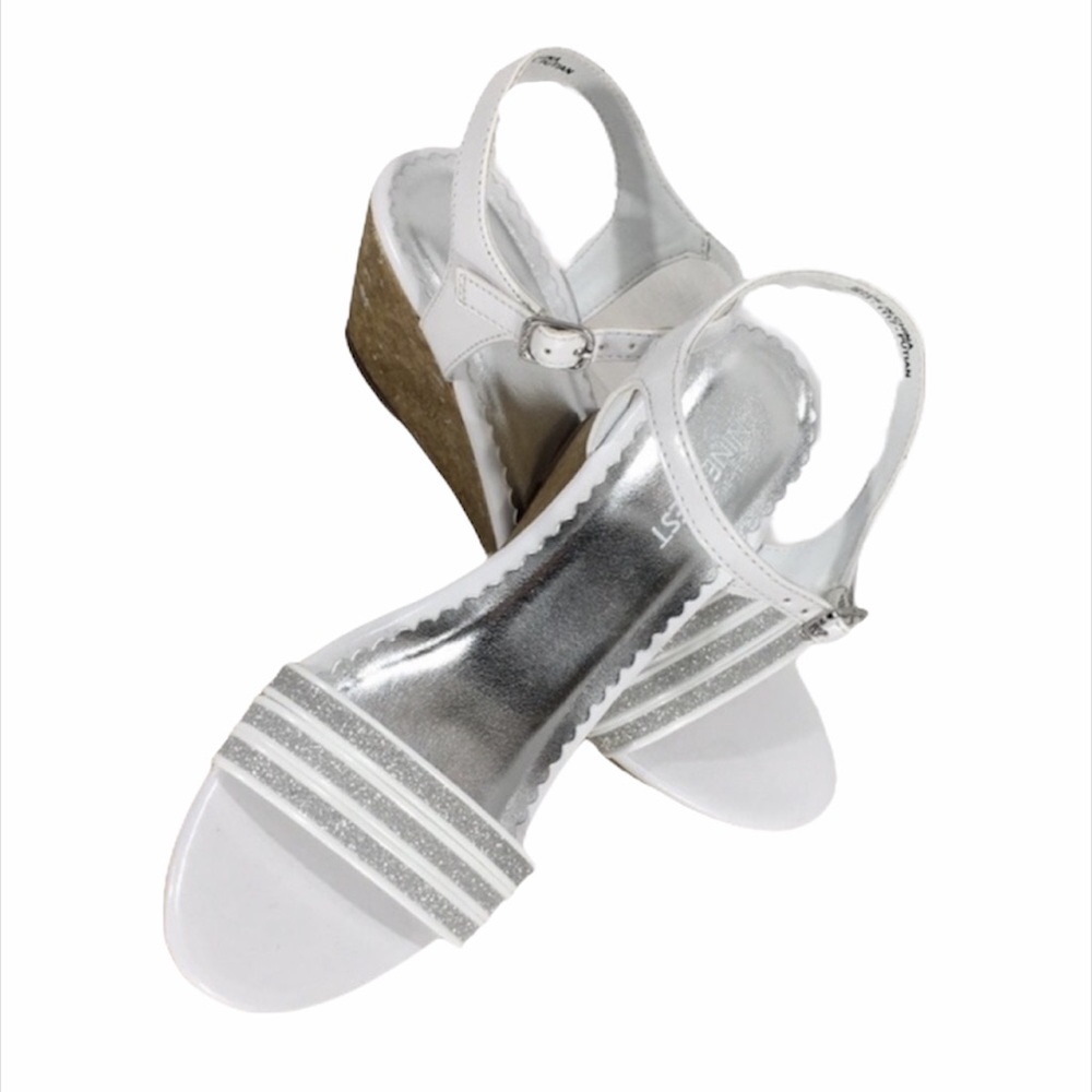 Nine West Emily 2 Wedge Sandals White Silver Kids Size 4